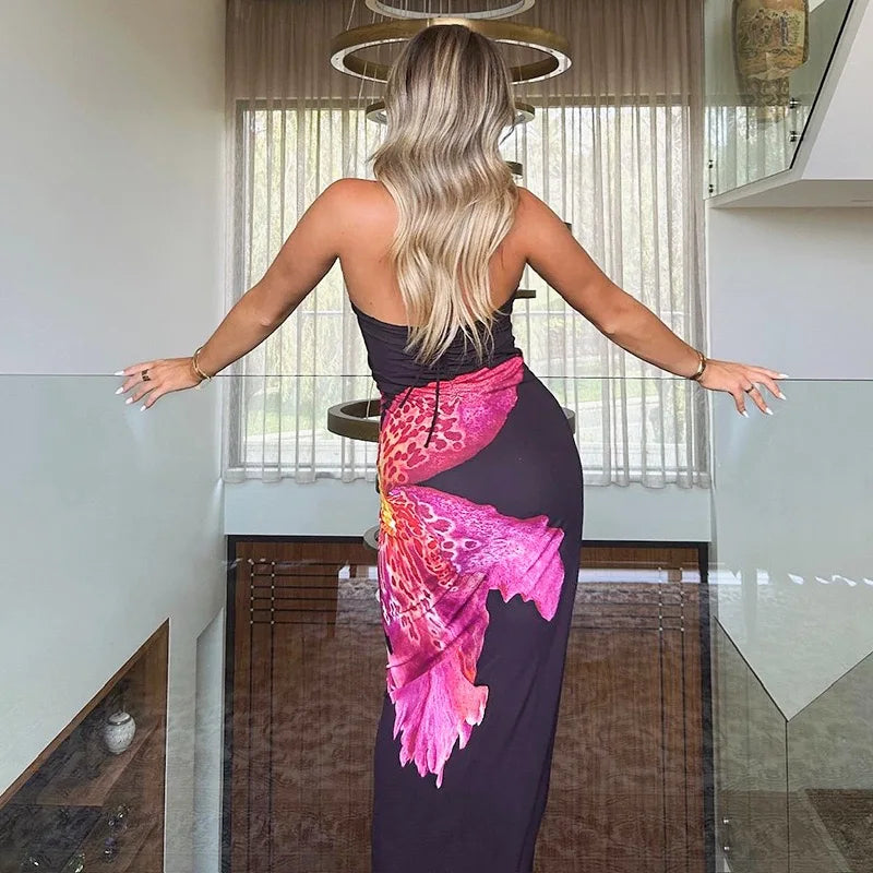 Aiertu - Spaghetti Strap Sleeveless Halter Backless Lace Up Floral Print Split Maxi Hip Dress Celebrity Urban Leisure Vestidos Aiertu