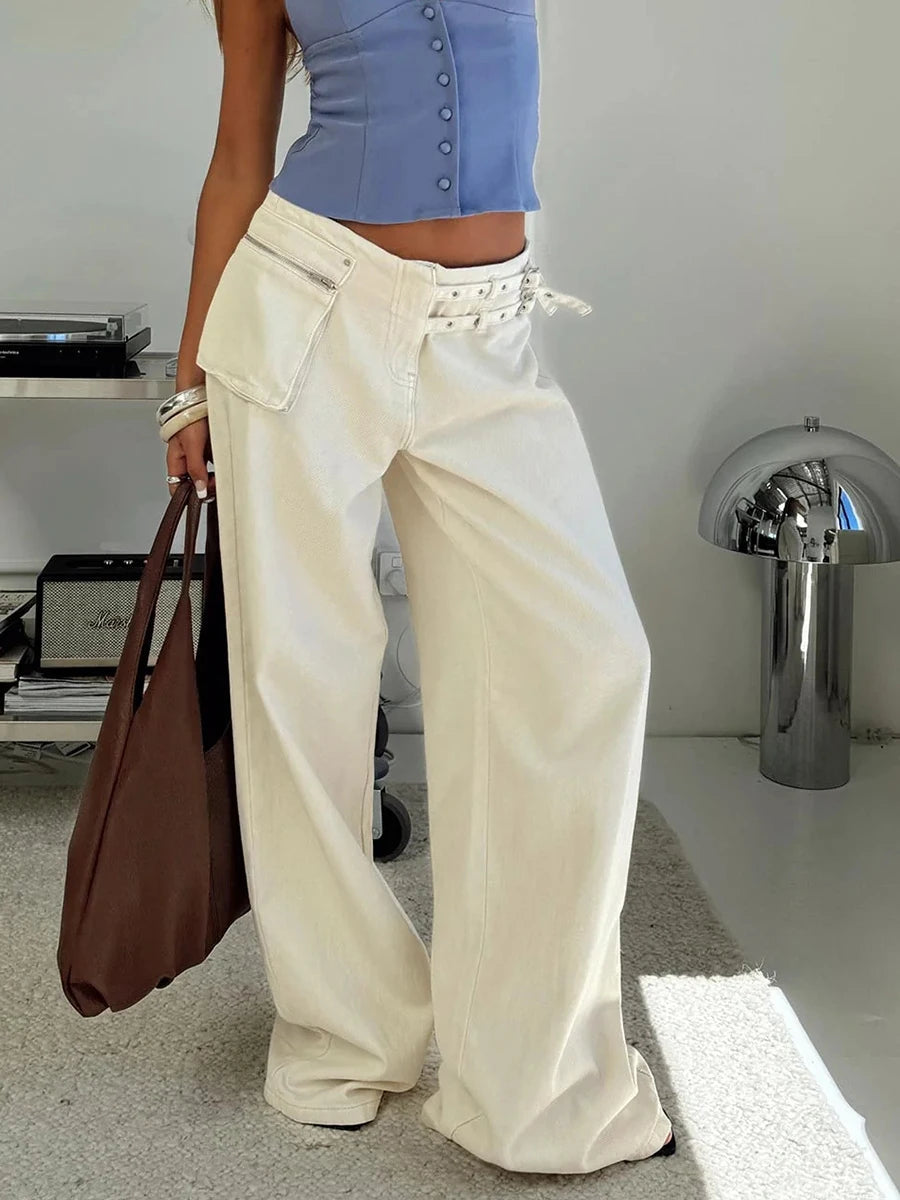 Aiertu - Pocket Adjustable Waist Wide Leg Pant Women Low Rise Waist Baggy Denim Trouser Streetwear Fashion Vintage Jeans Femme Summer New Aiertu