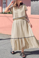 Aiertu - Daily Elegant Solid Color Hollow Out Patchwork Contrast Turndown Collar Short Sleeve Two Pieces(3 Colors) Aiertu