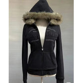Aiertu - Zip Up Black Classic Style Oversizeds Fur Collar Letter Casual Hoodies New Women Vintage Dressing Up Sweatshirts Anime Cardigan Aiertu