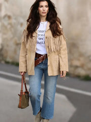 Aiertu - Fashion Tassel Patchwork Single-breasted Jacket Women Casual Lapel With Pockets Long Sleeve Coats Autumn New Lady Chic Outerwear Aiertu