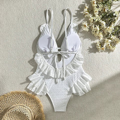 Aiertu - Summer New White Body Suit One Piece Swimsuit Bikini For Women Sexy Deep V-Neck Backless Lace Patchwork Bodycon Outfits Aiertu
