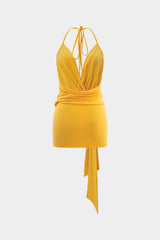Aiertu - 3D Floral Twist Knot V-Neck Halter Neck Backless Sleeveless Mini Dress Aiertu