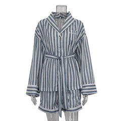 Aiertu - Blue Striped Shorts 2 Piece Set Women Single Breasted Lace-up Long Sleeve Blouse+Short Pants Casual Fashion Loose Suits 2025 New Aiertu