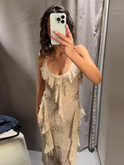Aiertu Chic Floral Sequin Bead Embroidery Ruffle Sling Dress For Women Y2k Sleeveless Backless Evening Dress Vacation Beach Party Robes Aiertu