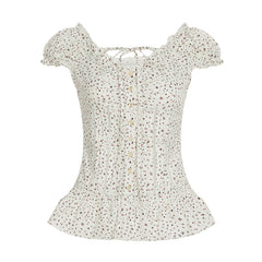 Aiertu - -Aiertu - - Floral Print Ruched A-line Blouse French Style Single-breasted Short Sleeve Top Chic Slimming Tie-up Collar Shirts Cute Aiertu