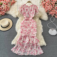 Aiertu - Sweet V Neck Butterfly Sleeve Print Vestidos Ruffles Lace Up Vintage French Style Dress Mermaid Drawstring Irregular Robe Aiertu
