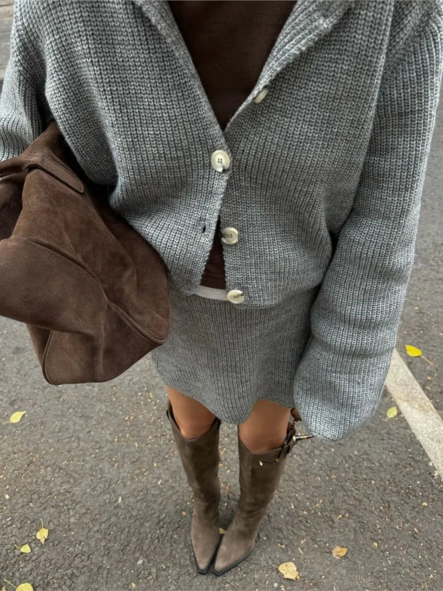 Aiertu - Solid Knitted 2 Piece Set Women Single Breasted Long Sleeve Cardigan+mini Skirts Sets Autumn New Streetwear Fashion Elegant Suit Aiertu