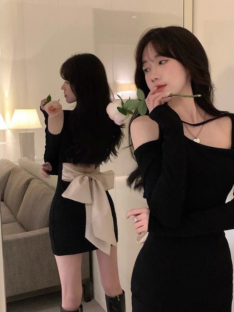 Aiertu Off Shoulder Woman Long Sleeve Dress Black Short Bow Birthday Mini Dresses for Women Autumn and Winter New in Elegant Beautiful Aiertu