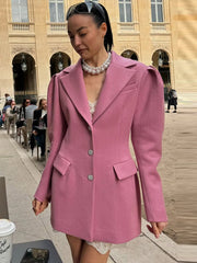 Aiertu - Puffed Sleeve Suit Coat Jacket Pink Heart-Shaped Elbow Waist Cinched Slimming Overcoat Commuter Casual Women Elegant Outwear Top Aiertu