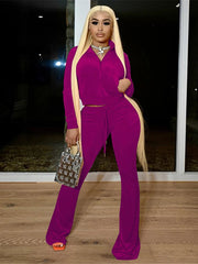 Aiertu Solid Velour Two Piece Set Women Simple Casual Zipper Long Sleeve Turtleneck Top+Bandage Lace Slim Female Wide Leg Pants Aiertu
