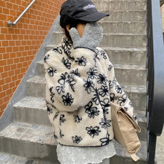 Aiertu - Sweet Flower Pattern Double-Sided Wear Outerwear Korean Series Faux Lamb Wool Jacket Women Winter Clothing Loose Warm Thick Coat Aiertu