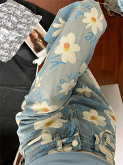 Aiertu - Women's Daisy Printed High Waisted Jeans Summer Street Cool Girl Bottoms Wide Legs Irregular Pants Female Baggy Denim Trousers Aiertu