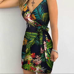 Aiertu Summer Women Holiday Floral Leaves Print Bodycon V-neck Mini Dress Female Spaghetti Strap Bohemian Beachwear Bow Belt Aiertu