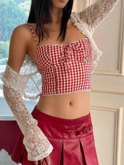 Aiertu - Hottie Plaid Print Camisole Irregular Edges Bow Midnight Street Sweet Versatile Skinny 2025 Summer Trend Daliy Mini Tops Aiertu