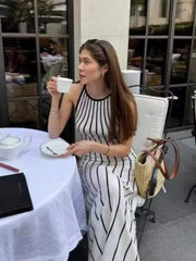 Aiertu - Vertical Stripes Round Neck Bodycorn Knit Dress Women Fashion Sleeveless Slim Long Dresses Elegant Female Commute Street Robes Aiertu
