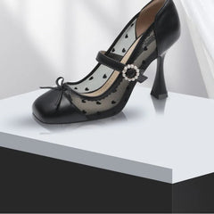 Aiertu - Sexy mesh high heels pumps new selling thin heel shallow mouth breathable black temperament women square head single shoes Aiertu