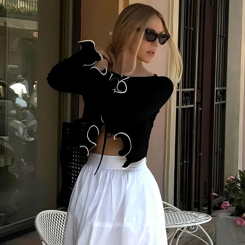 Aiertu - Autumn Long Sleeve Slim Tie Front Tops Elegant Long Sleeve Basic Ruffles Blouse Shirts Short Coquette Clothes Aiertu