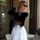 Aiertu - Autumn Long Sleeve Slim Tie Front Tops Elegant Long Sleeve Basic Ruffles Blouse Shirts Short Coquette Clothes Aiertu