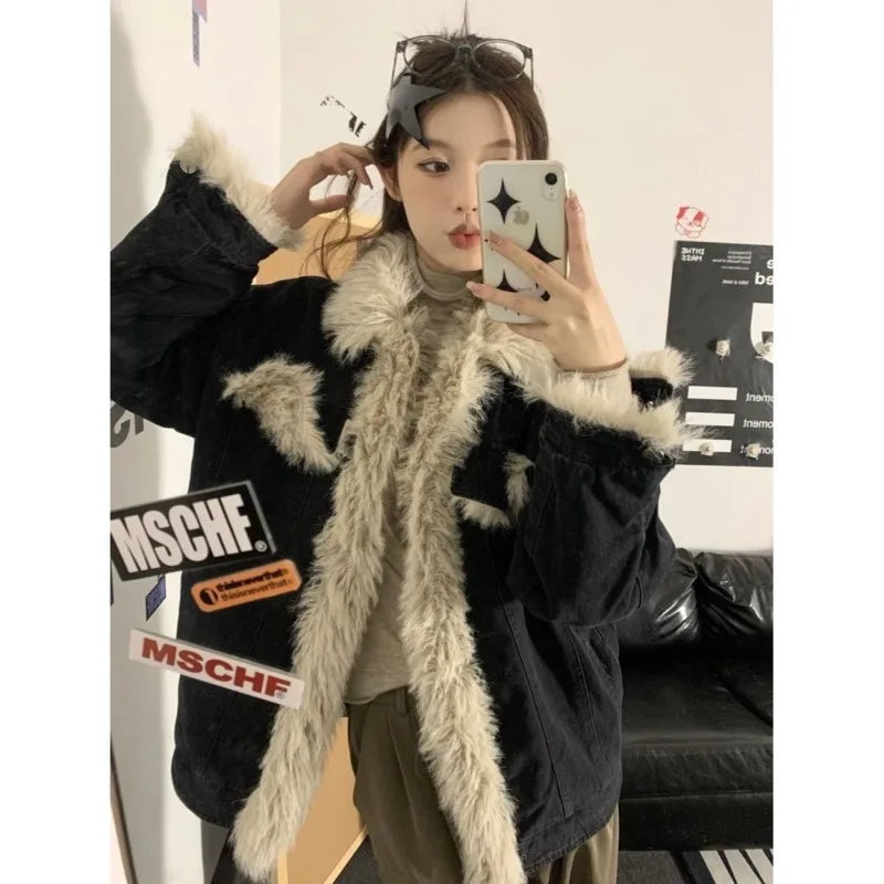 Aiertu - American Retro Fur Collar Black Cardigan Denim Jacket Women Autumn Winter New Plush Thickened Fashion Street Casual Jacket Aiertu