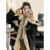 Aiertu - American Retro Fur Collar Black Cardigan Denim Jacket Women Autumn Winter New Plush Thickened Fashion Street Casual Jacket Aiertu
