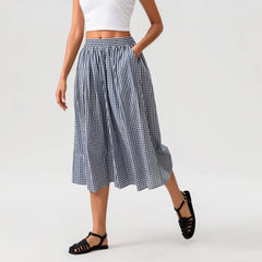 Aiertu - Women Summer Plaid Print Capri Culottes Elastic Waistband Wide Leg Loose Side Pocket Casual Pull On Trousers Aiertu