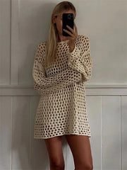 Aiertu - Sexy Hollow Out Knit Cover Up Dress For Women See-Through Loose Beach Holiday Mini Dress Summer Splice Knitwear Cover up Aiertu