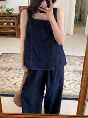 Aiertu - Sweet Hot Girl Denim Suit Women's Summer Bow Back Sleeveless Shirt Elastic Waist Wide Leg Pants Two-piece Set Female Clothes Aiertu
