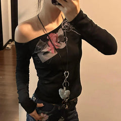 Aiertu - Y2k Aesthetic Printing Women Casual T-shirt Vintage Skew Collar Off Shoulder Streetwear Tshirts Harajuku Slim Fit Grunge Tees Aiertu