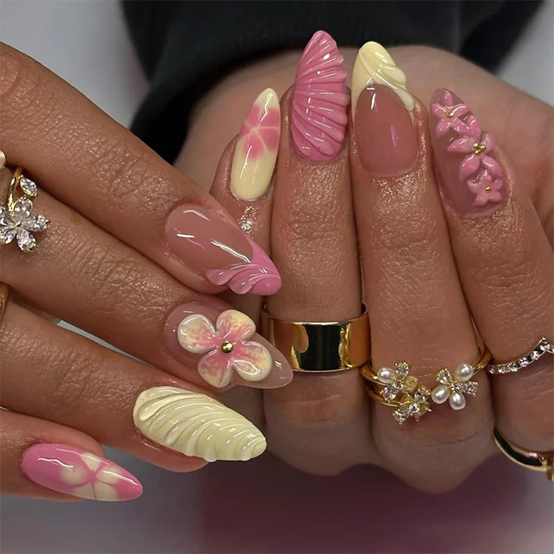 Aiertu - 24PCS Summer Dopamine Handmade Wearable Fake Nail 3D Water Ripple Flower Designs Press on Nails Sweet Colorful Almond False Nail Aiertu