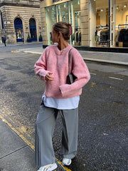 Aiertu - Fall Outfits 2026 Casual Pink Women Cashmere Knitted Sweater Drop Shoulder Round Neck Knit Pullover New Autumn Lady Loose Fit Long Sleeve Jumper Aiertu