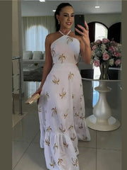 Aiertu - Elegant Print Lace Up Halter Long Dress For Women Fashion Hollow Waist Backless A-line Dresses 2026 New Lady Evening Party Robes Aiertu
