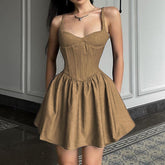 Aiertu Elegant Chiffon Corset Dress Brown Flare Long Sleeve Mini Dresses Vacation Short Party Dress Ruffles Slash Neck Outfit Aiertu