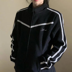 Aiertu - American Fashion Patchwork Lace Design Zip Up Cardigan Y2k Harajuku Simple Punk Clothes Japan Coats Subcultural Casual Clothes Aiertu