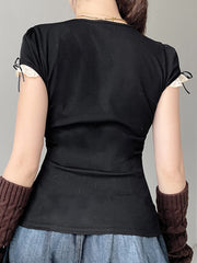 Aiertu - summer inspo Sweet Y2K Contrast Lace Patchwork Square Collar Black T-Shirt Women Short Sleeve Basic Balletcore Cute Summer Tops Aiertu