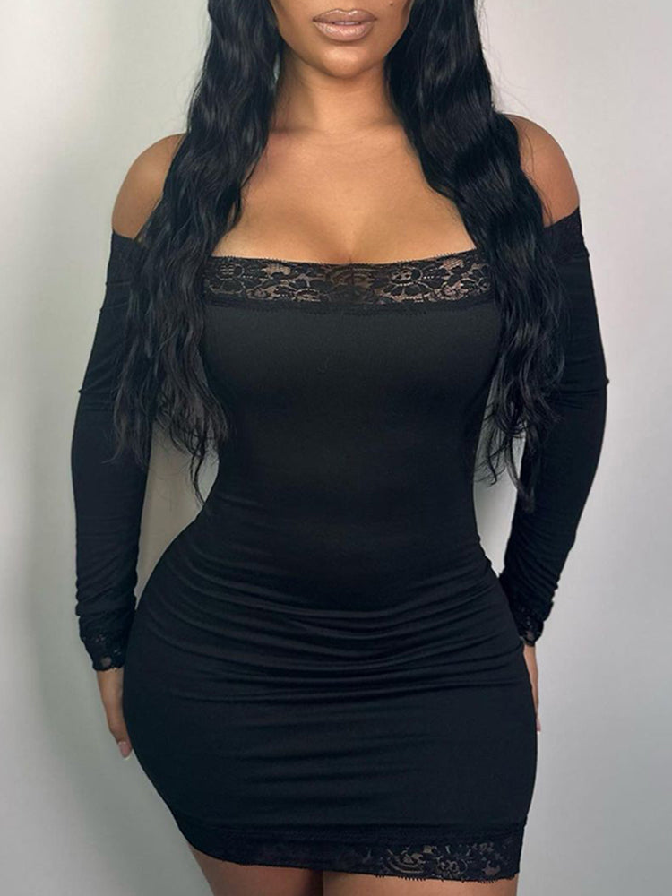Aiertu - summer inspo Solid Slim Lace Trim Off Shoulder Long Sleeve Black Short Dress Women Elegant Sexy Party Dresses Aiertu