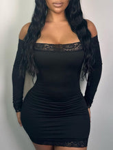 Aiertu - summer inspo Solid Slim Lace Trim Off Shoulder Long Sleeve Black Short Dress Women Elegant Sexy Party Dresses Aiertu