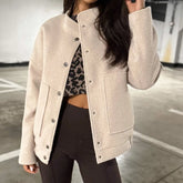 Aiertu - Women Elegant Stand Collar Solid Short Jackets Autumn Casual Long Sleeves Loose Outerwears Winter Fashion Single Breasted Coats Aiertu