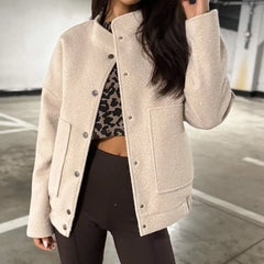 Aiertu - Women Elegant Stand Collar Solid Short Jackets Autumn Casual Long Sleeves Loose Outerwears Winter Fashion Single Breasted Coats Aiertu