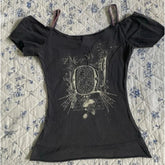 Aiertu Vinatge Euramerican Sexy Off The Shoulder Lace Sling T Shirt Personality Constrast Color Y2k Print Tees New All Match Tops Aiertu