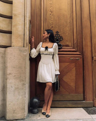 Aiertu - White Elegant A-line Mini Dress Women 2025 New Spring Square Collar Long Sleeve Vestidos High Waist Casual Fashion Short Dresses Aiertu