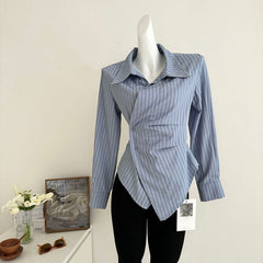Aiertu Elegant Striped Shirts Women Vintage Irregular White Blouses Ladies Korean Long Sleeve Chic Buttons Slim Design Tops New Aiertu