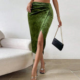 Aiertu - Sexy Plain Side Slip Velvet Skirt Ruched Front Green Slim Fit Skirt Autumn Party Cocktail Bodycon Wrap Women Outerwear Clothing Aiertu