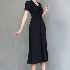 Aiertu - Lace Up Slit Knitted Black Maxi Dress Aiertu