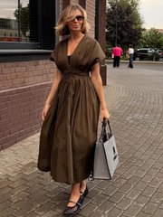 Aiertu - Lace Up Waist Cinched Dress Flying Sleeve Solid Color V Neck Pleated Slimming Workwear Women Strap Long Dresses Casual Robes New Aiertu