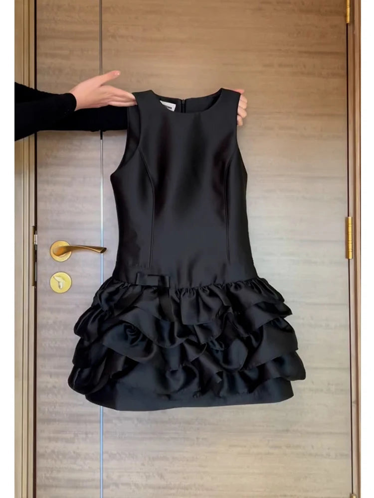 Aiertu - French Style Holiday Slim Fit A-line Dress Women's Summer Sleeveless Ruffled Black Satin Dress Fashion Female Clothes Aiertu