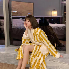 Aiertu - Women Print Mid-calf Robes Design Winter Warm Thick Korean Style Homewear Lounge Casual Popular Feminino Fashion Loose Bathrobe Aiertu