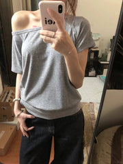 Aiertu - Korean Vintage Casual Style Letter Print Short Sleeve Women's Round Neck T-Shirts Fashion Slim Fit Sweet Grey Tees Slit Tops Aiertu