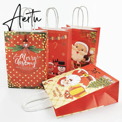 4Pcs Merry Christmas Paper Gift Bags Santa Claus Snowflake Dot Cartoon Stripe Xmas Tree Candy Biscuit Bag for Christmas Supplies Aiertu