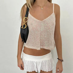 Aiertu - Women Sequin Cami Tops Sparkly V Neck Spaghetti Strap Backless Shirts Trendy Summer Clothes for Party Clubwear Aiertu